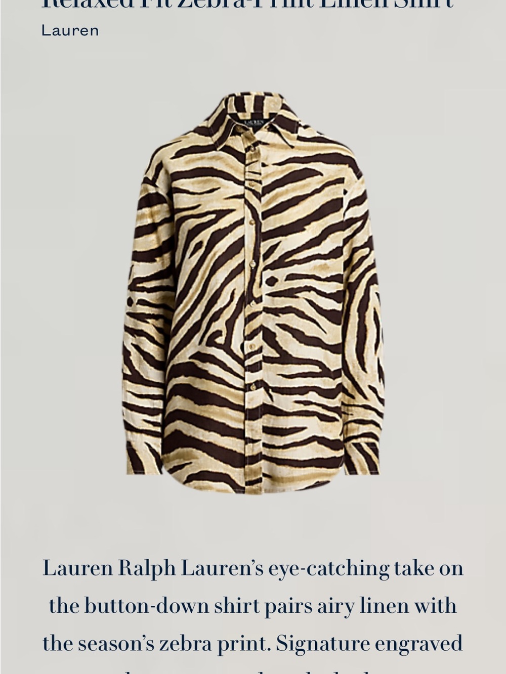 Lauren Ralph Lauren Cream and Brown Zebra-Print Linen Button-Down Shirt